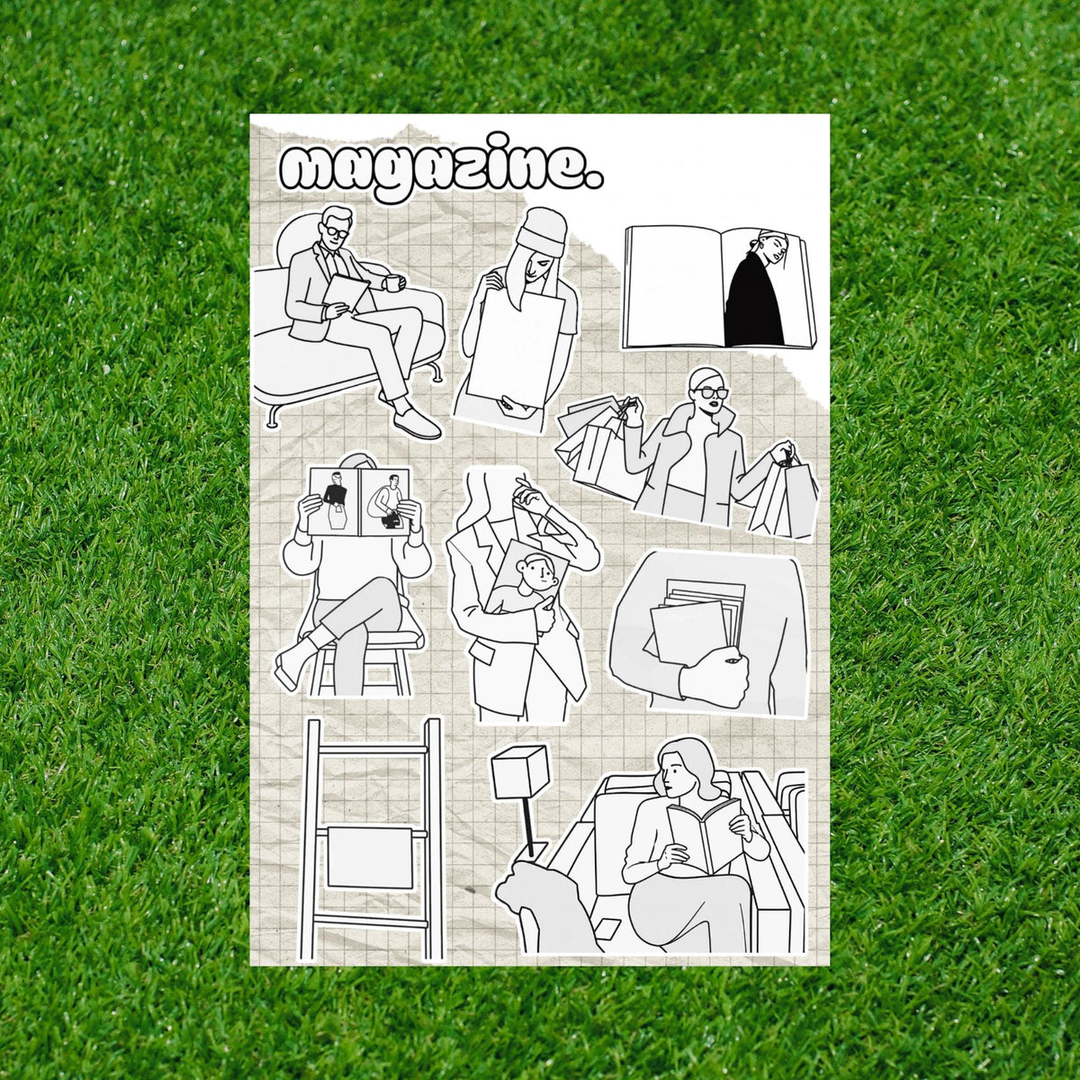 Nuetral Magazine Line Art Sticker Sheet: Minimalist Vintage Paper Style