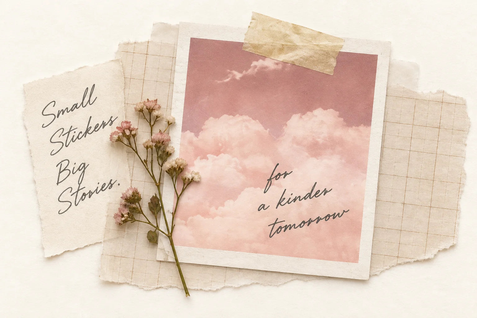A pink-sky postcard and dried flowers in a personal paper archive